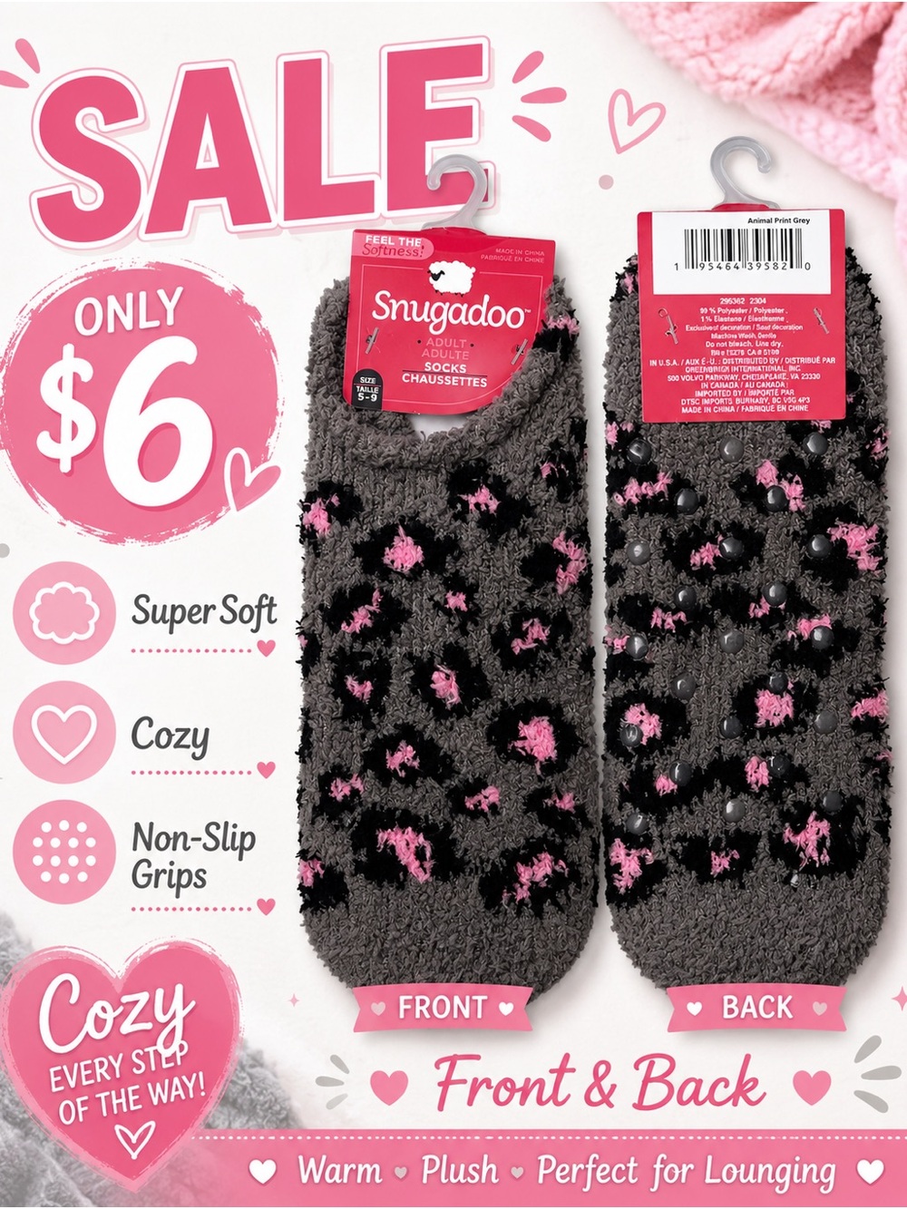 🩷. 8041. Snugadoo Cozy Non-Slip Fuzzy Slipper Socks - Gray with Pink Accents